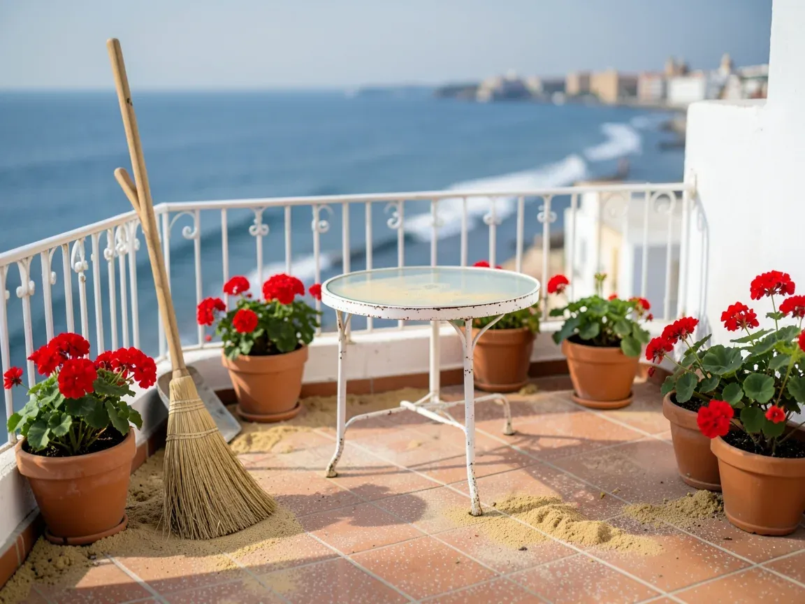 Terraza con suelo de barro cubierto de arena después de un temporal de levante en la Bahía de Cádiz