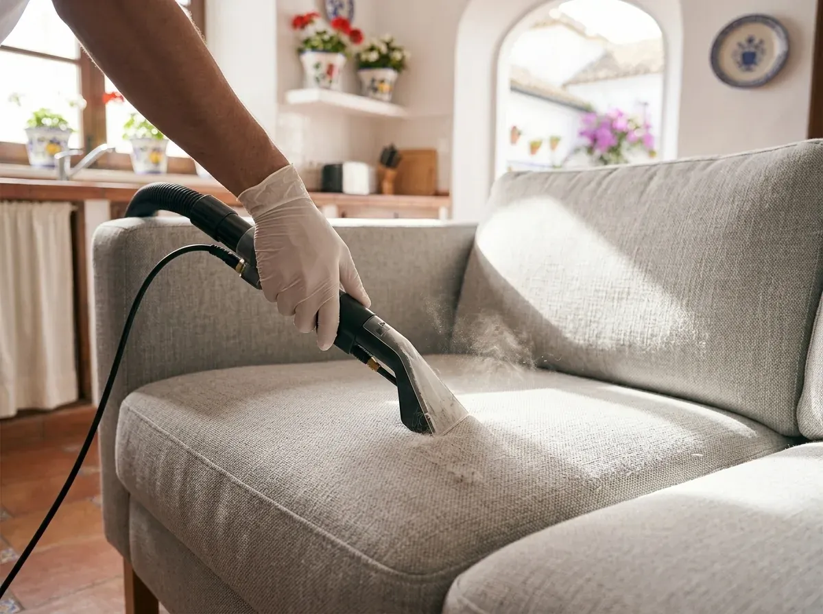 Vacuuming a grey fabric sofa with the upholstery attachment as routine upkeep between deep cleans in a home in Jerez