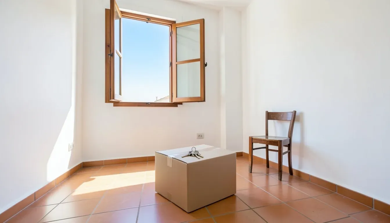 Salón vacío y recién limpio de un piso en Cádiz entre dos inquilinos, con una caja de mudanza y las llaves encima
